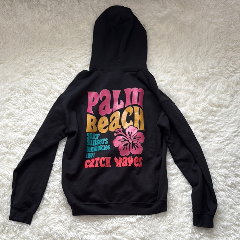 Black Hoodie with Colorful Palm Beach Graphic